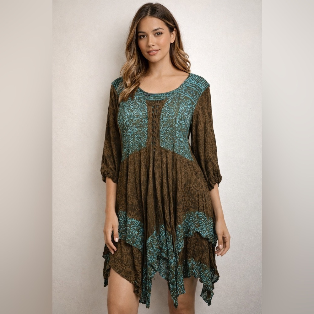 VTG Lotus Traders Plus Size 3X Midi Dress  Batik Tie Tye Boho Asymmetrical fairy